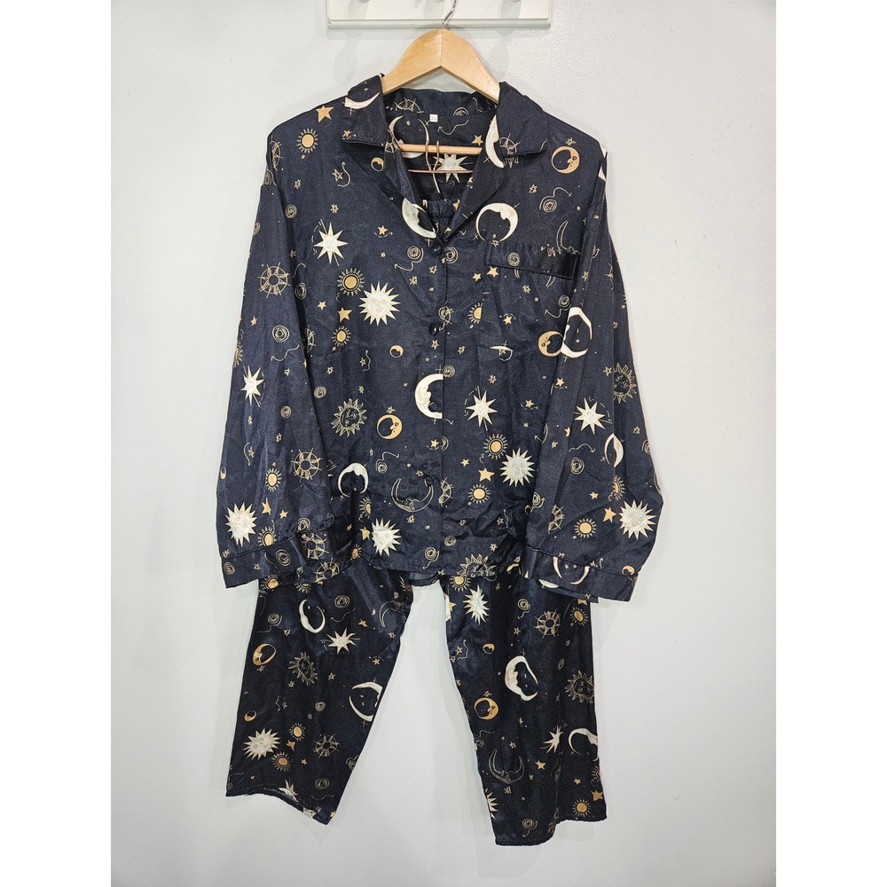 Celestial Moon and Sun Pajama Set Navy Blue Gold Starry Night XL